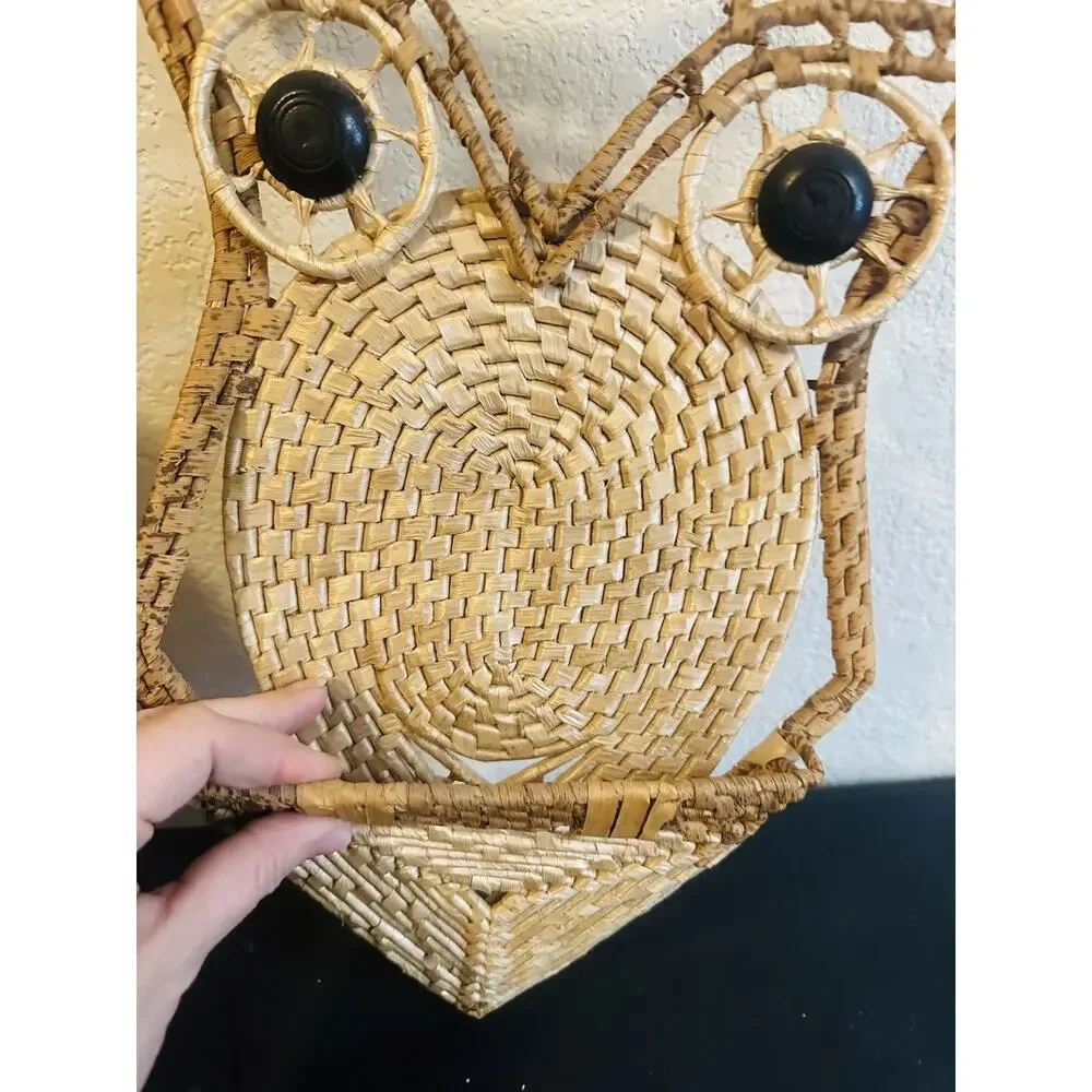 Vintage Woven Wicker Wall Hanging Owl Figurine Trivet/Bill Holder - 1970's